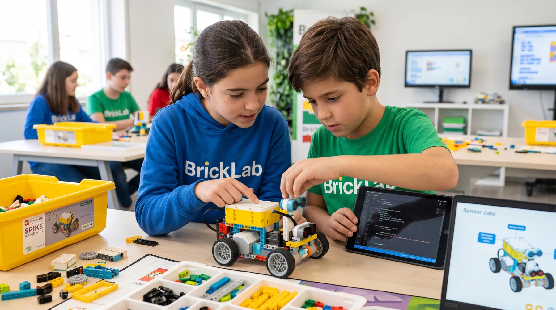 Crianças construindo robot Lego